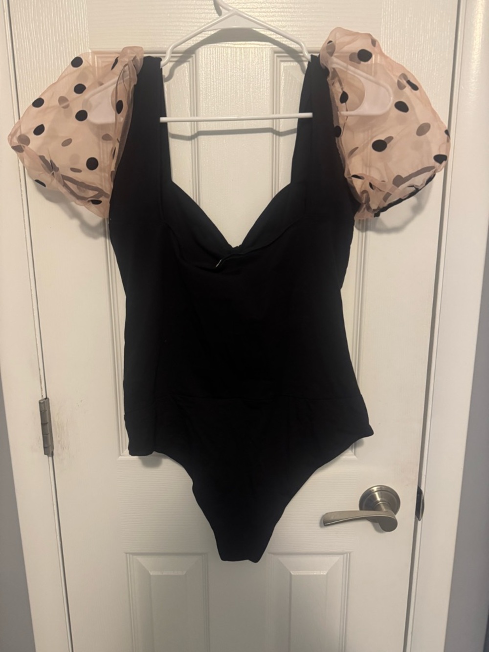 Lulu’s TCEC Black Bodysuit with Polka Dot Puff Sleeves